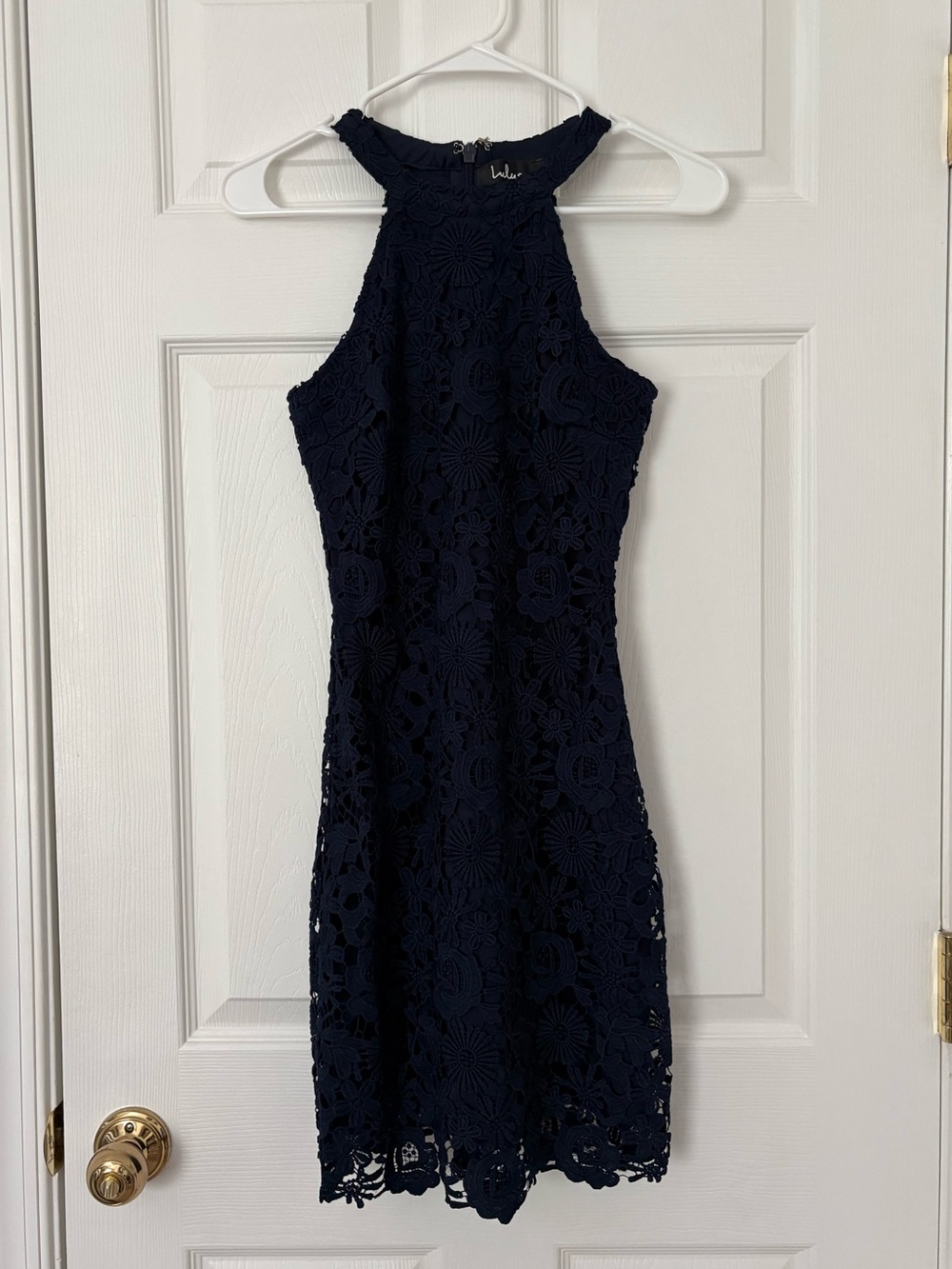 Lulu's Navy / Dark Blue Floral Lace Halter Mini Dress - Picture 1 of 4